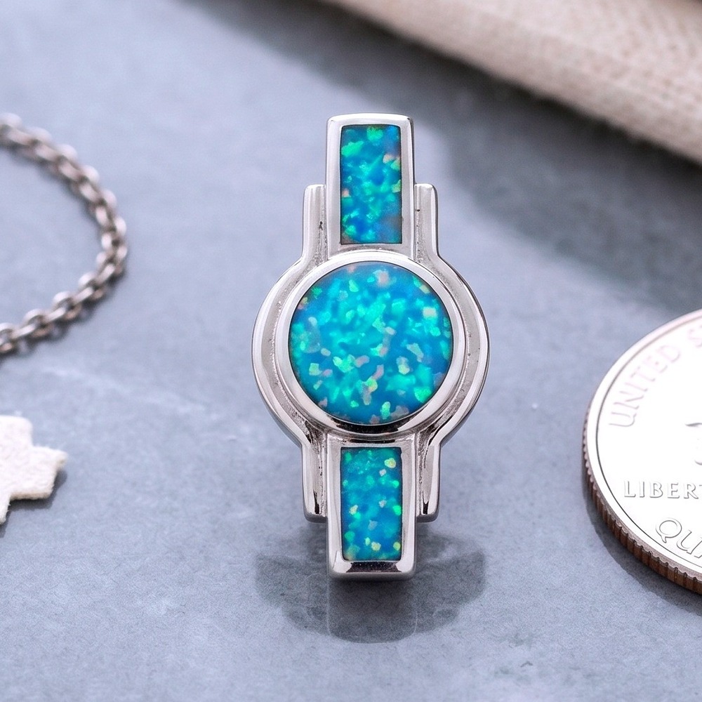 NOS Vintage 925 Sterling Silver Blue Fire Opal Inlay Slider Pendant Slide Bead